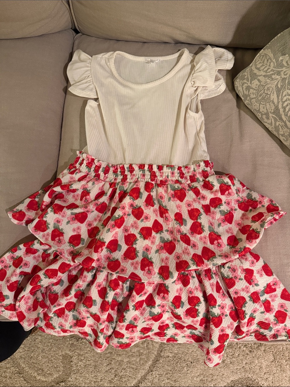 Tahari White Ruffle Sleeve Top with Red Strawberry Print Tiered Skirt